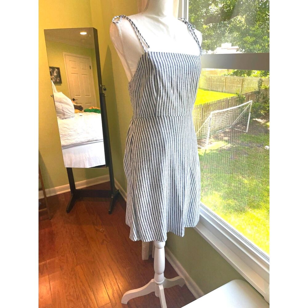 Blue White Stripe Linen Blend Smocked Dress Tie Straps Sundress Coastal Resort S